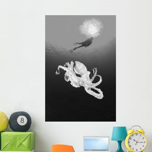 Hawaii, Lanai, Octopus In Ocean Water, Diver In Background Wall Mural