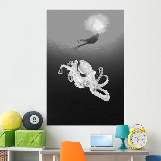Hawaii, Lanai, Octopus In Ocean Water, Diver In Background Wall Mural