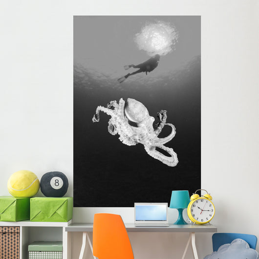 Hawaii, Lanai, Octopus In Ocean Water, Diver In Background Wall Mural