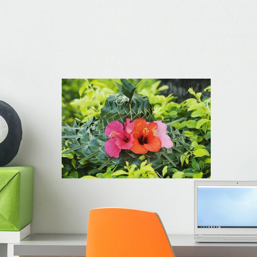 Green Lauhala Hat With Red And Pink Hibiscus Flowers Wall Mural