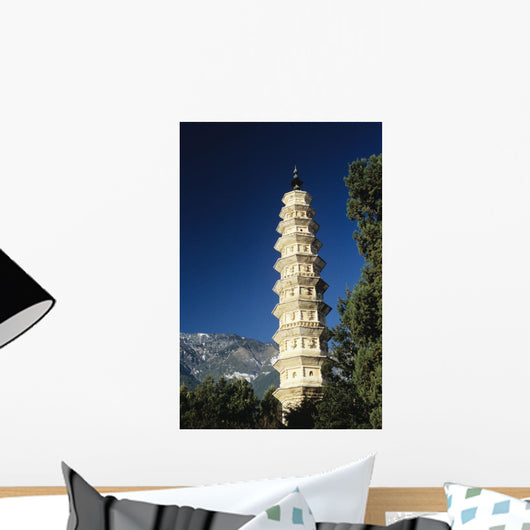 China, View of pagoda with mountain in background Wall Mural
