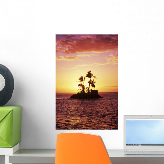 Palm Trees On Small Island Silhouetted Against Tropical Sunrise Wall Mural