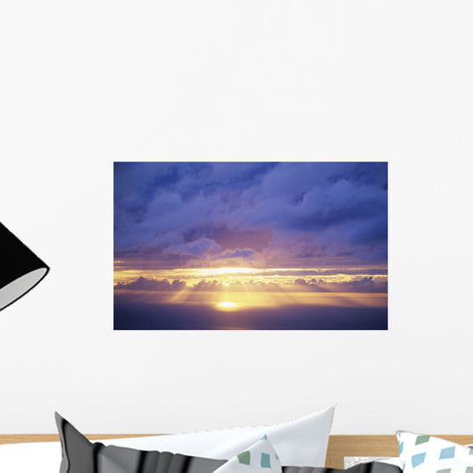 Hawaii, Sunset Over Ocean, Sunrays Bursting Through Cumulous Clouds Wall Mural