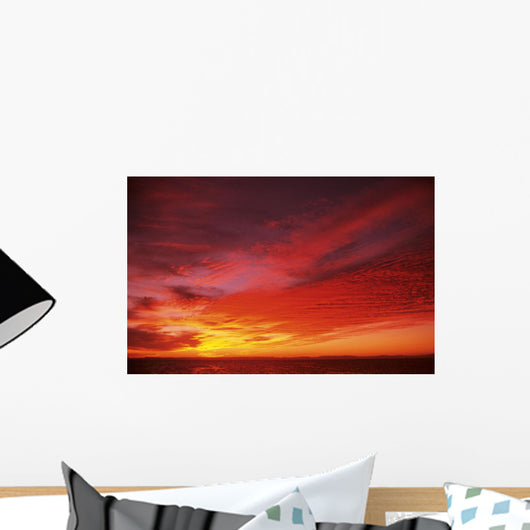 Bright Orange Sunset Over Ocean Wall Mural