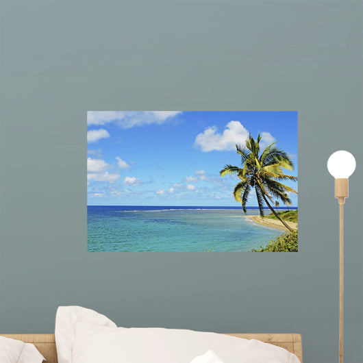 Fiji, Blue And Turquoise Ocean With Palm Tree And Sandy Beach Wall Mural