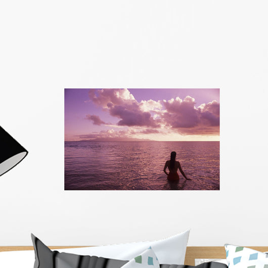 Fiji, Wakaya Island, Woman In Ocean Silhouetted At Sunset Wall Mural