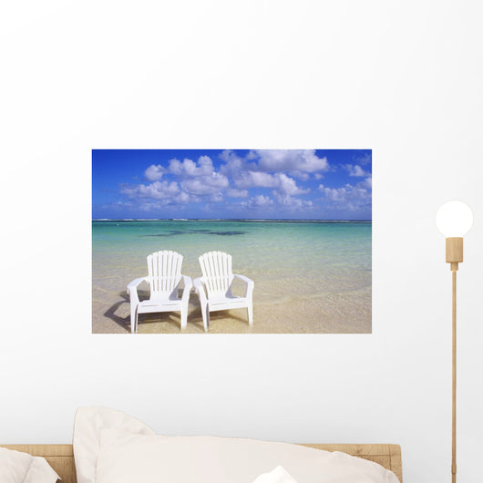 White Beach Chairs On Beautiful Beach, Clear Turquoise Water Wall Mural