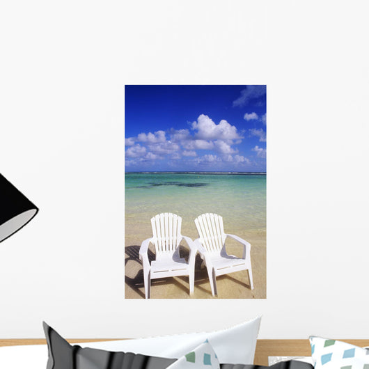 White Beach Chairs On Beautiful Beach, Clear Turquoise Water Wall Mural