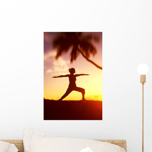 Hawaii, Maui, Olowalu, Woman Doing Yoga At Sunset Under Palm Tree Wall Mural