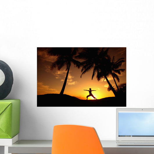 Hawaii, Maui, Olowalu, Woman Doing Yoga At Sunset Under Palm Tree Wall Mural