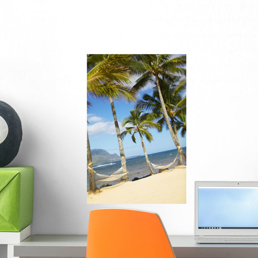 Two Hammocks Hang Between Palm Trees On Sandy Tropical Beach Wall Mural