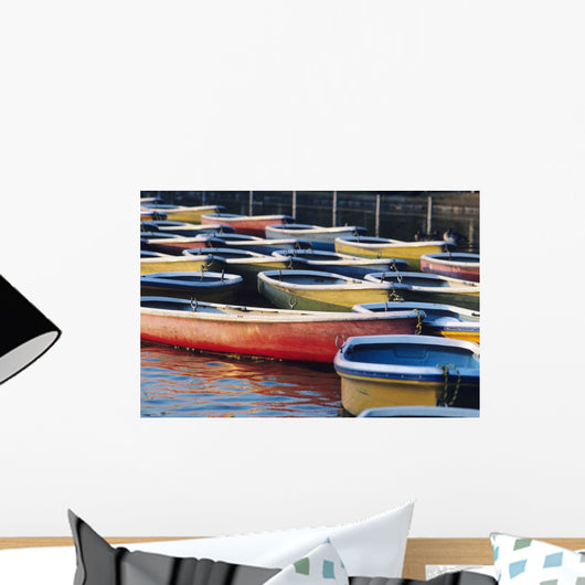 Japan, Tokyo, Ueno Park, Colorful Row Boats Tied Together On Lake Wall Mural