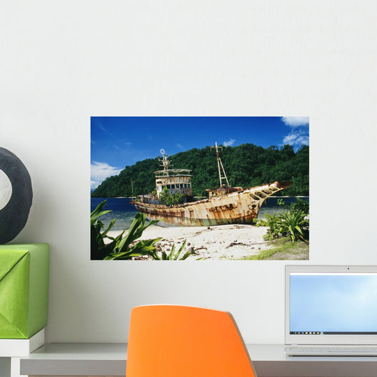 Shipwrecked fishing boat on beach Wall Mural