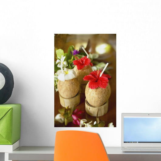 Close-Up Of A Refreshing Tropical Cocktails In Coconut Cups Wall Mural