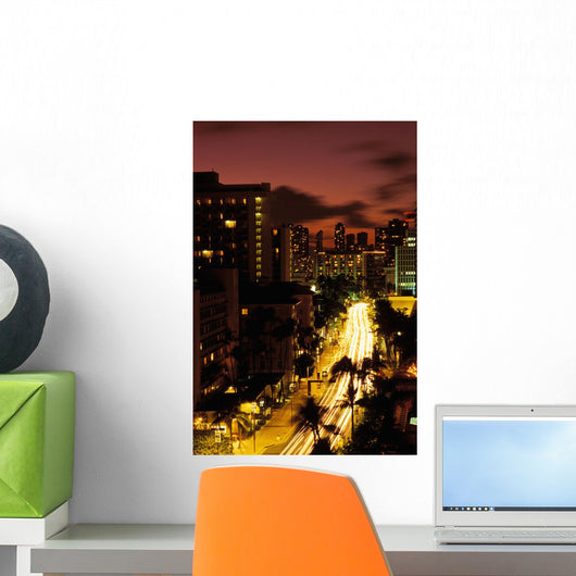 Hawaii, Waikiki, Overview Of Palm Lined Kalakaua Avenue Lit Up At Dusk Wall Mural