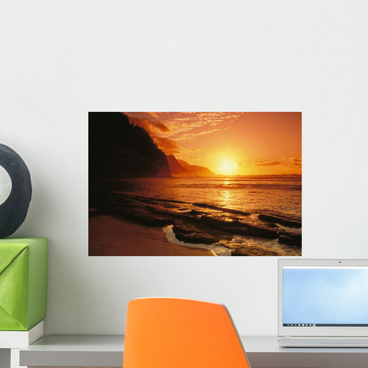 Bright Orange Sky And Calm Ocean Wall Mural