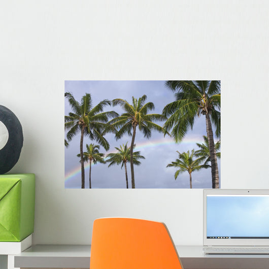 Hi, Oahu, Rainbow And Coconut Palm Trees Over Pearl Harbor Wall Mural
