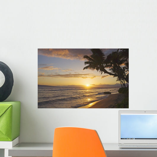 Hawaii, Maui, Kaanapali Resort, Sunset With Beach And Palm Trees Wall Mural