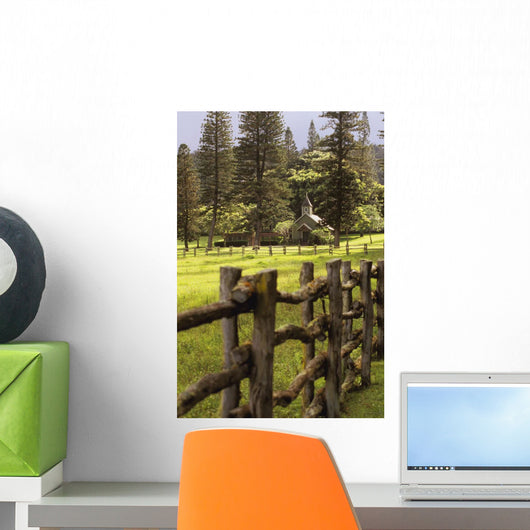 Hawaii, Lanai, Koele Lodge, A Chapel Behind A Wooden Fence Wall Mural