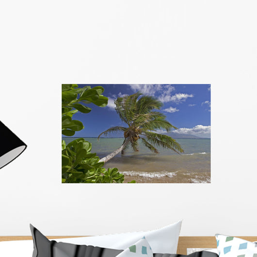 Palm Tree Overhangs The Ocean With A View Of Maui In Distance Wall Mural