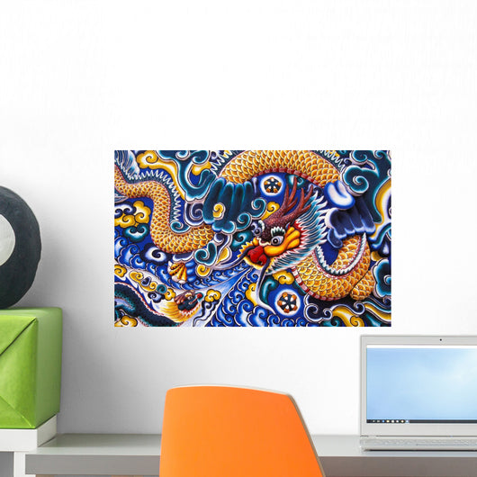 Brightly Painted Chinese Style Wood Carvings Wall Mural