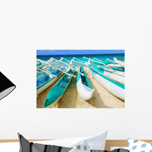Hawaii, Oahu, Lanikai, Outrigger Canoes Stacked Along The Beach Wall Mural