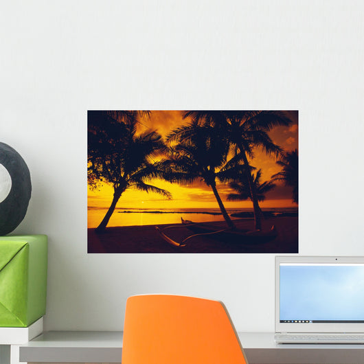 Outrigger Canoe Resting On A Tropical Beach Wall Mural