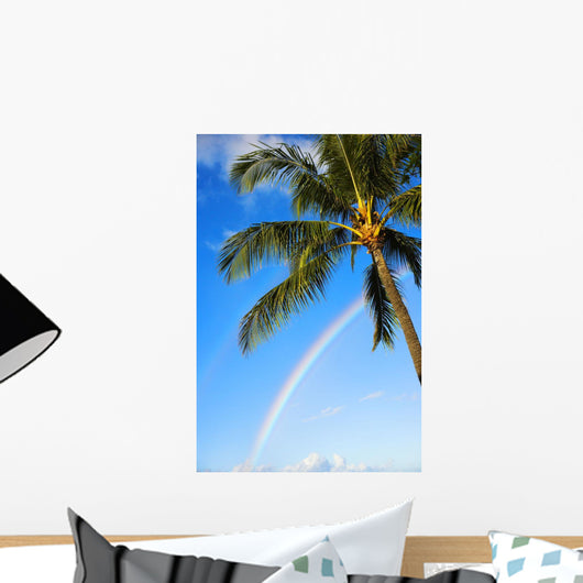 Hawaii, Oahu, Honolulu, Ala Moana Beach Park, Palm Tree And Rainbow Wall Mural