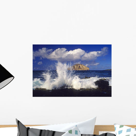 Waves Breaking On Lava Rock Coast At Makapu'u With Rabbit Island Wall Mural