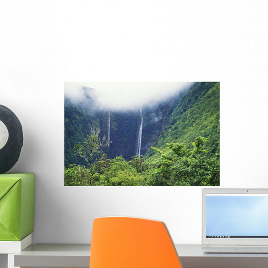 Hawaii, Big Island, Waipio Valley, Twin Waterfalls With Lush Greenery Wall Mural