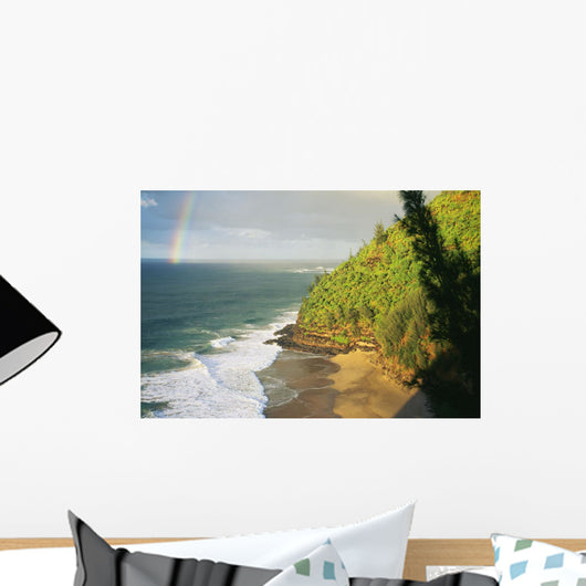 Hawaii, Kauai, Napali Coast, Hanakapiai Beach, Rainbow In Distance Wall Mural