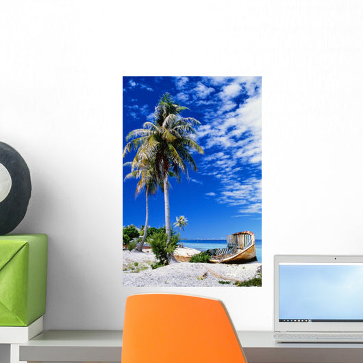 French Polynesia, Beach With Boat Wreck On Shore Wall Mural