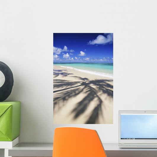 Beach Scene With Palm Shadow On Shoreline Sand, Tropical Wall Mural