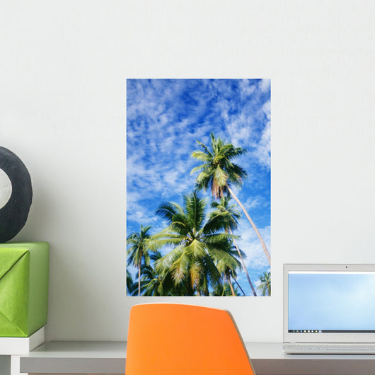 Hawaii, Tall Palm Trees Against Bright Blue Sky And Clouds Wall Mural