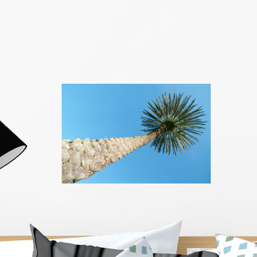 Upward View Of Tall Palm Tree, Thick Bark, Blue Sky In Background Wall Mural