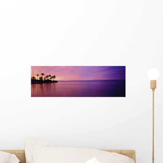 Beautiful Pink Sunset Over The Ocean, Palm Trees Along The Coastline Wall Mural