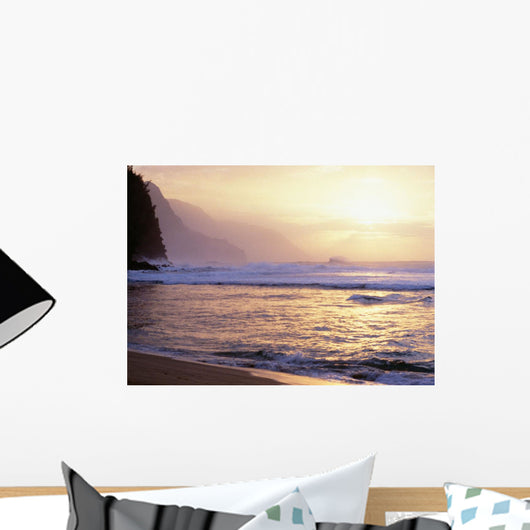 Hawaii, Kauai, Na Pali Coast, Beach At Sunset, Cliffs In Background Wall Mural