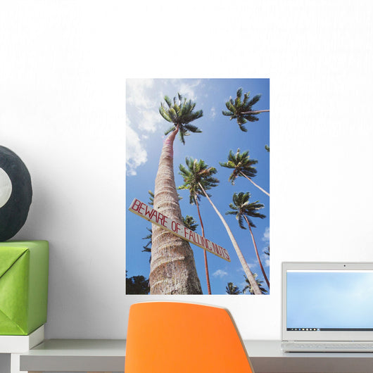 Fiji, Vanua Levu, Tall Coconut Trees And Sign Beware Of Falling Nuts Wall Mural