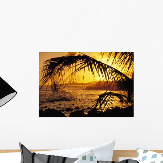 Hawaii, Kauai, Poipu, Tropical Sunset With Palm Fronds Wall Mural
