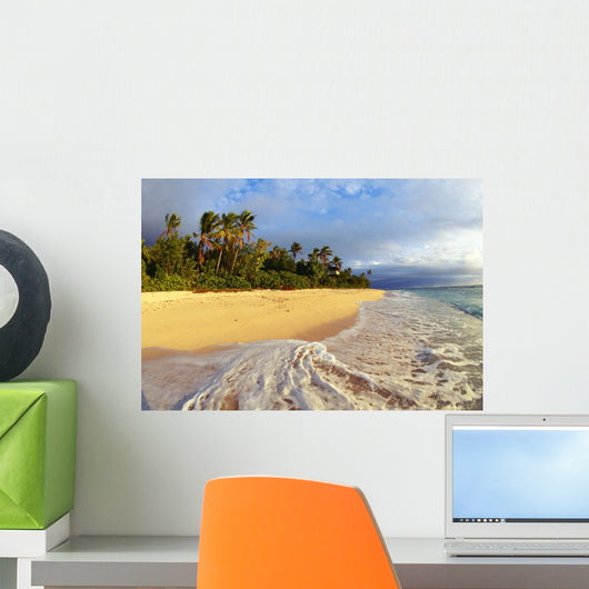 Fiji, Waves Washing Onto Tropical Beach, Palm Trees, Cloudy Sky Wall Mural