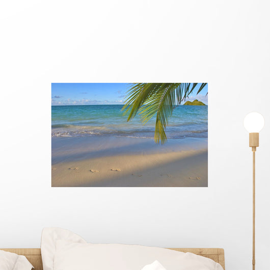 Footprints In The Sand At Lanikai Beach Palm Frond And Mokulua Islands Wall Mural