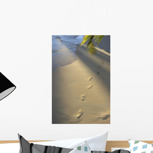 Footprints In Sand At Water's Edge, Soft Warm Golden Light Wall Mural
