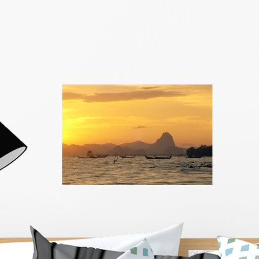 Pier And Mountains At Sunset Golden Orange Sky Wall Mural