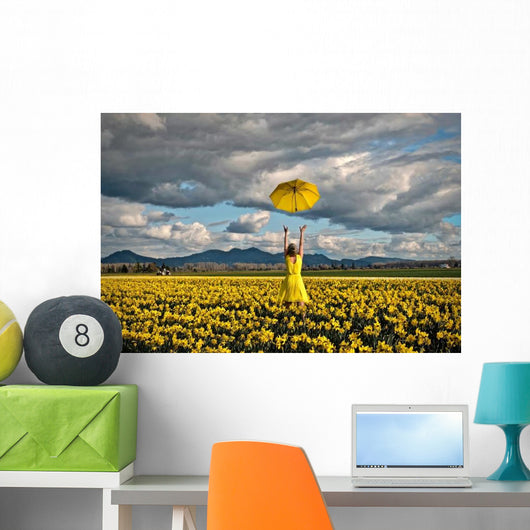 Happy Woman Daffodil Field Wall Decal