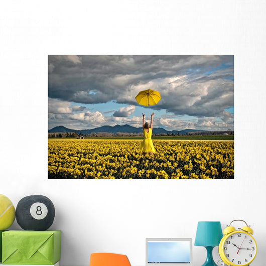 Happy Woman Daffodil Field Wall Decal
