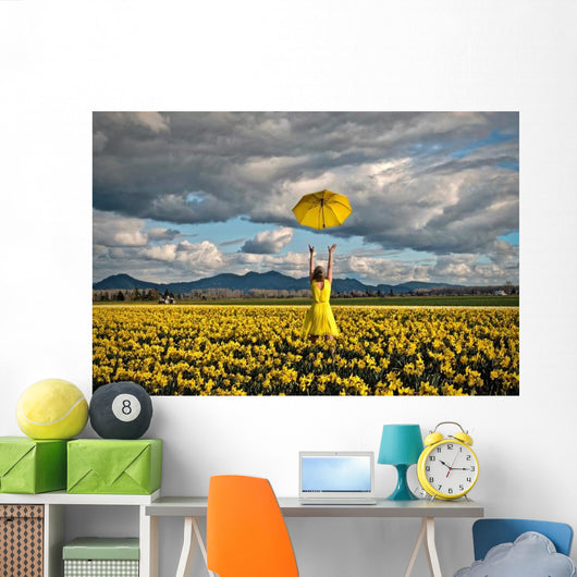 Happy Woman Daffodil Field Wall Decal