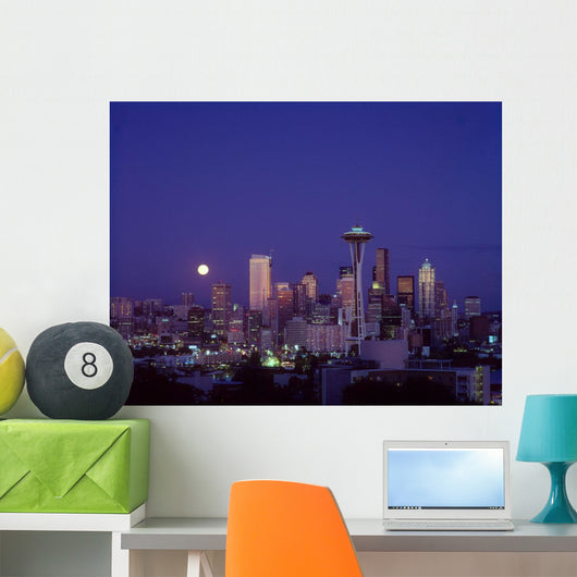 Downtown Skyline With Moonrise Twilight Overview A50E Wall Mural