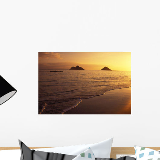 Outrigger Canoe Paddlers Off Lanikai Beach At Sunrise Wall Mural