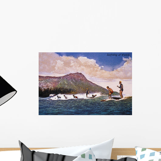Surfers On Small Wave With Diamond Head In Background Wall Mural