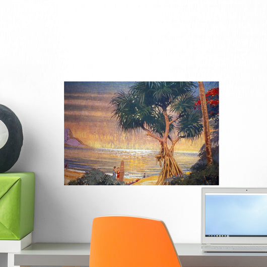 C1929 Hawaii, Oahu, Art, Surfer Looks At View Of Ocean Sunset Wall Mural
